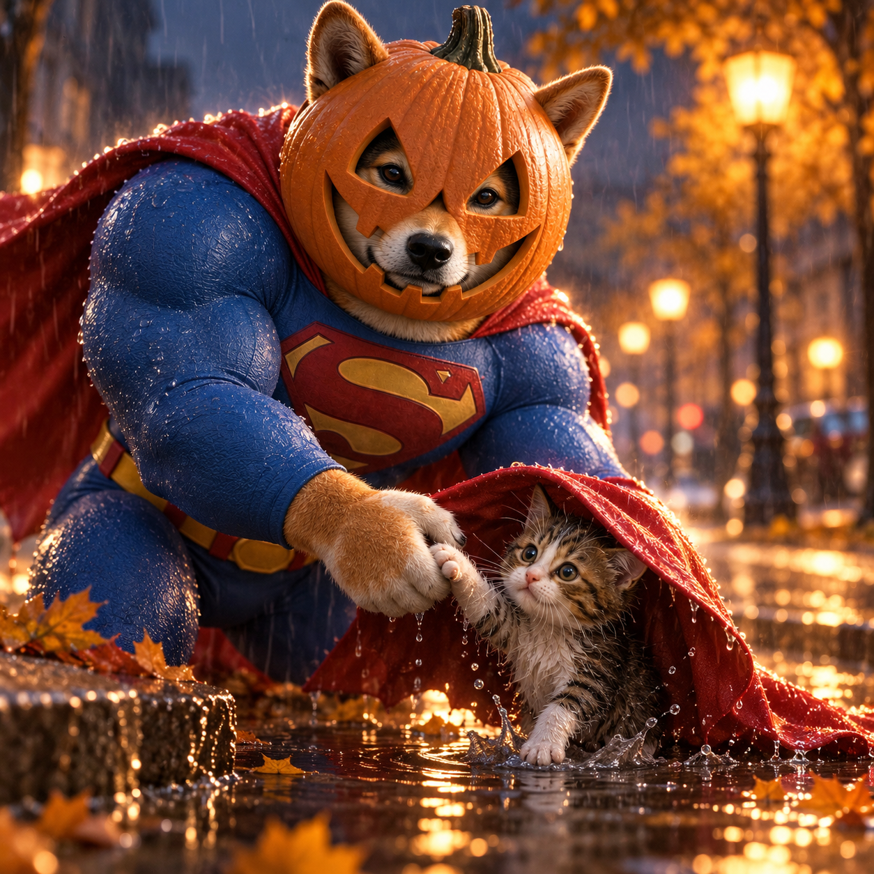 Shiba superhero sheltering a kitten under his cape in the rain